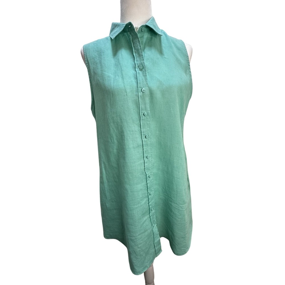 Onia Air Linen Shirt Dress Sz L Pockets Sleeves Turquoise MSRP $225 EUC